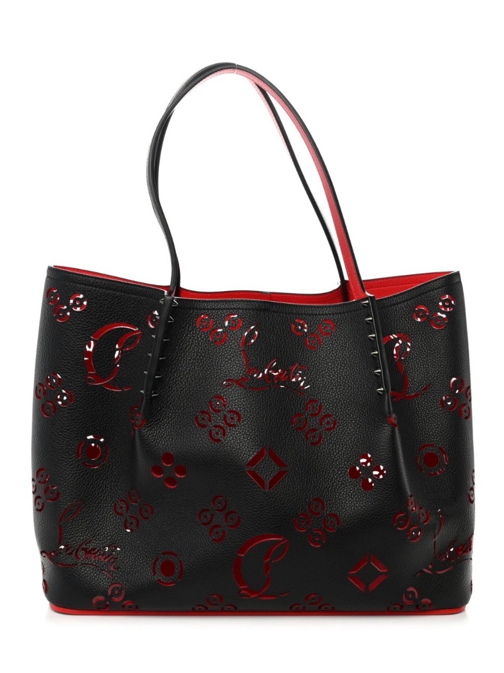 Christian Louboutin Calfskin Large Perforated Cabarock Spikes Tote Black